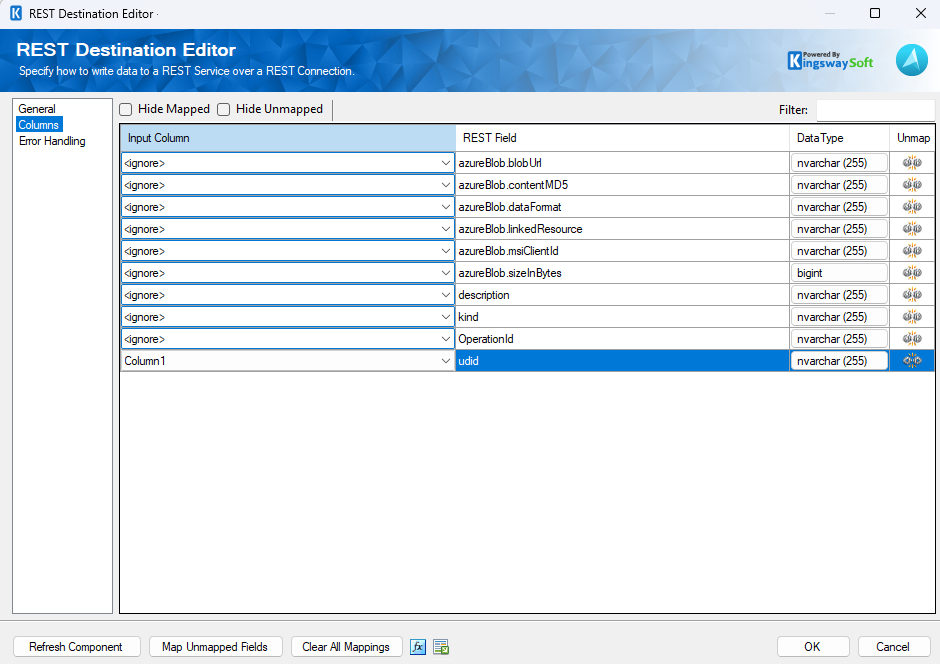 SSIS REST Azure Maps Destination - Columns